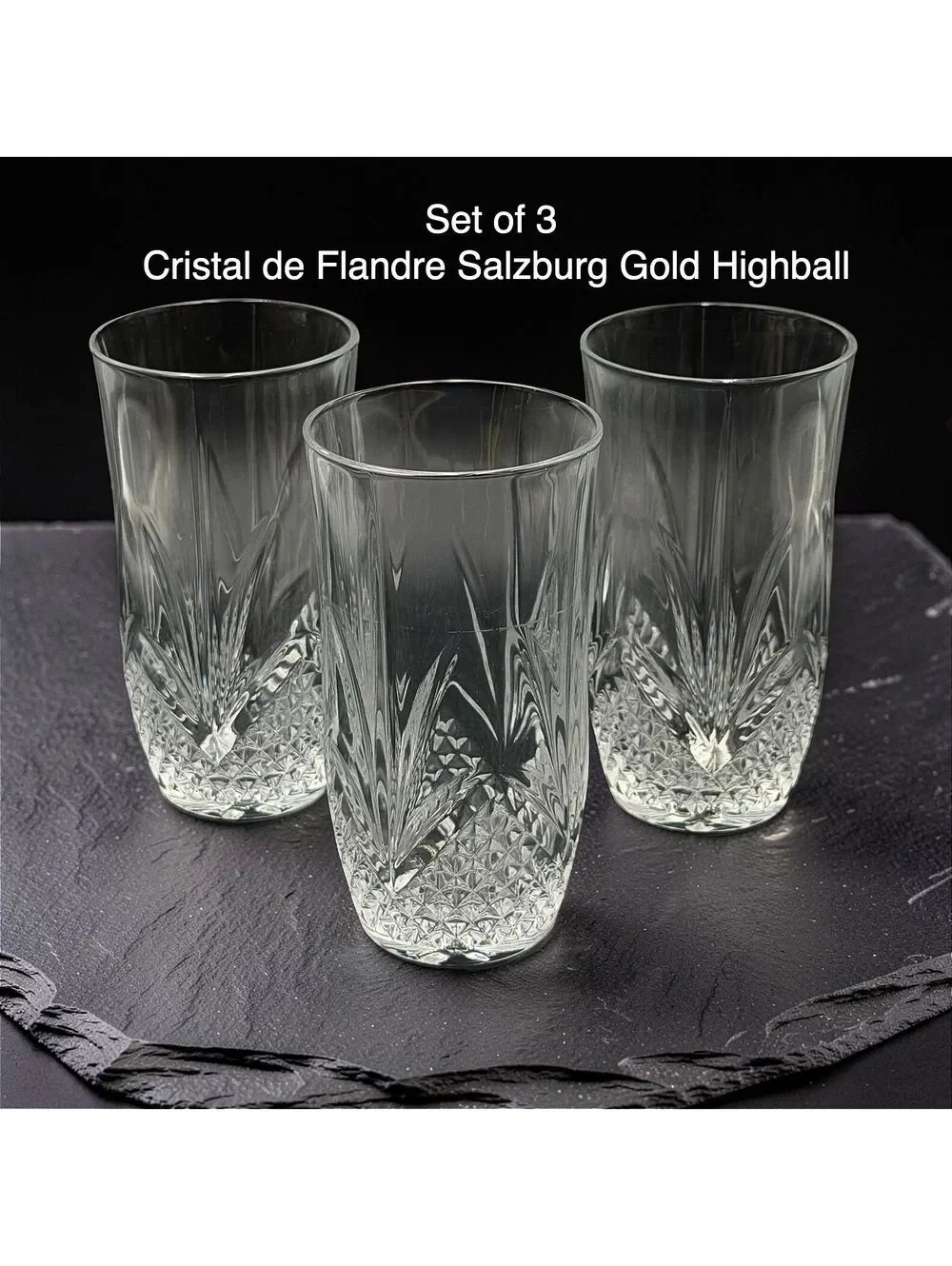 Set of 3 Cristal de Flandre Salzburg Gold Highball Glasses ~ 6